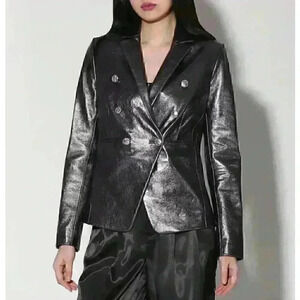 NWT WALTER BAKER Marley Double Breasted Metallic Leather Blazer SZ M in gunmetal